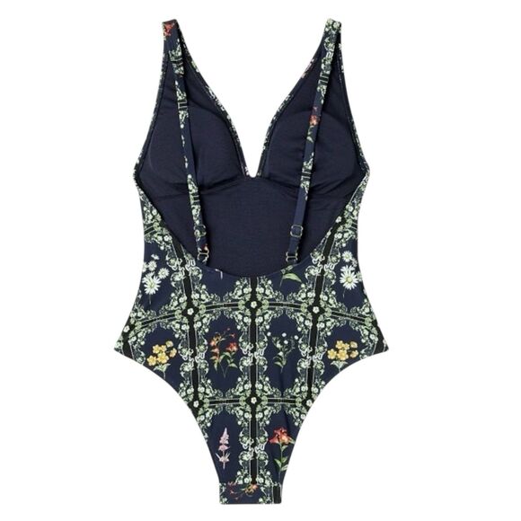 Aguabendita Blue/Pink Floral Tile Print Cheeky One Piece Swimsuit Sz. L (12-14) - Picture 4 of 7